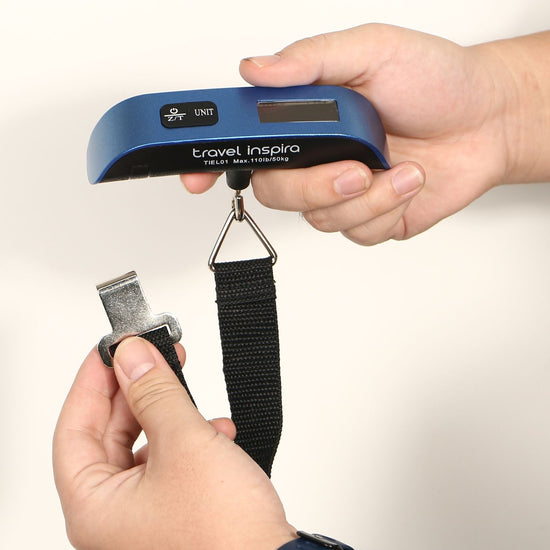 Durable strap and stainless steel hook on Travel Inspira portable digital hanging luggage scale
