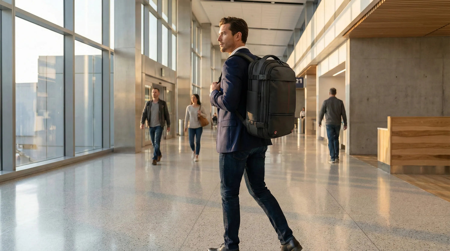 A man in a navy blazer and jeans carries a sleek black Travel Inspira backpack while walking through a modern airport terminal. Other travelers are visible in the background, and the setting includes large windows and contemporary architecture. Keywords: Travel Inspira, backpack, airport terminal, travel accessories.
