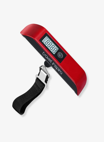 A red and black digital luggage scale by Travel Inspira. It features a digital display showing "00.00" kg, a tare function, and a black strap for easy hanging. Keywords: Travel Inspira, Digital Luggage Scale, Luggage Scale, Travel Accessories