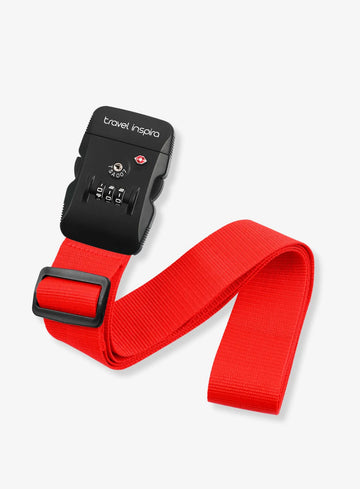 A red luggage strap with a black TSA-approved combination lock from Travel Inspira. The lock features a three-digit code dial and the brand name "travel inspira" is prominently displayed. This strap is a must-have travel accessory for securing your luggage.