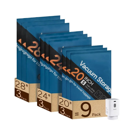 A set of blue vacuum storage bags designed for travel luggage. There are three sizes: 28 inches (3 pack), 24 inches (3 pack), and 20 inches (3 pack), totaling 9 bags. The text on the bags reads 'Vacuum Storage' and 'Design for travel luggage'. A white vacuum pump is also included. Keywords: Vacuum Storage Bags, Travel Luggage, 28 Inch, 24 Inch, 20 Inch, 9 Pack, Vacuum Pump.