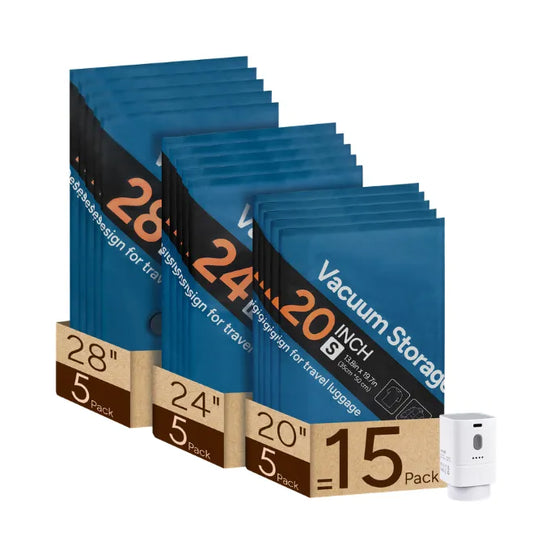 Travel Inspira Vacuum Storage Bags Set - Includes 28-inch (5 Pack), 24-inch (5 Pack), and 20-inch (5 Pack) Bags for Travel Luggage. Compact and Space-Saving Design with a Portable Vacuum Pump for Easy Use.