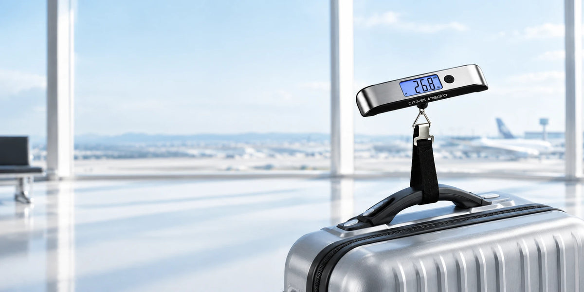 Travel Inspira digital luggage scale attached to the handle of a silver suitcase, set against a bright airport terminal background.