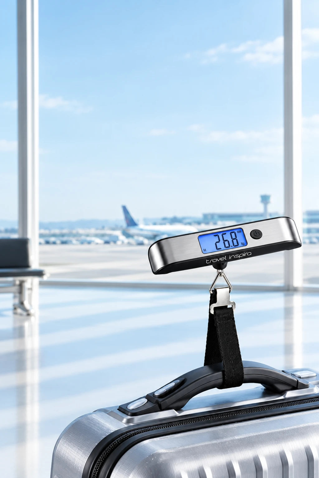 Close-up of a Travel Inspira digital luggage scale suspended from a silver suitcase, showing a clear reading of 26.8 lbs on its LCD screen with an airport tarmac in the background.