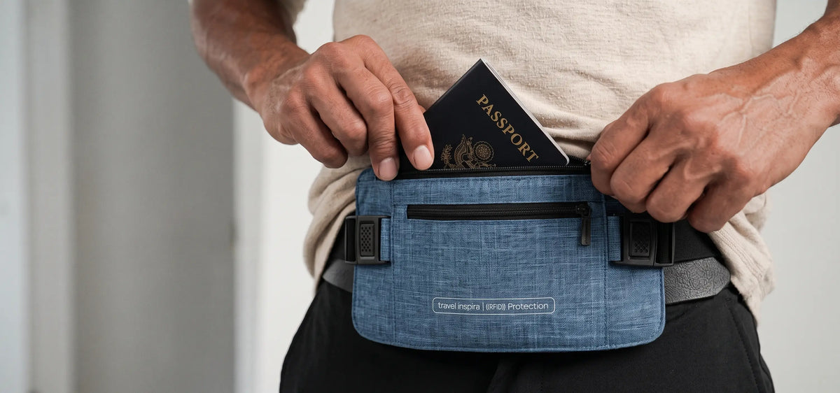 Close-up shot of a person putting a passport into a blue Travel Inspira RFID-blocking hidden waist bag.
