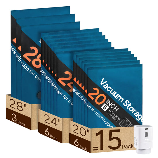15-pack blue travel vacuum storage bags with 20, 24 and 28 inch sizes, electric pump and suitcase compression demo