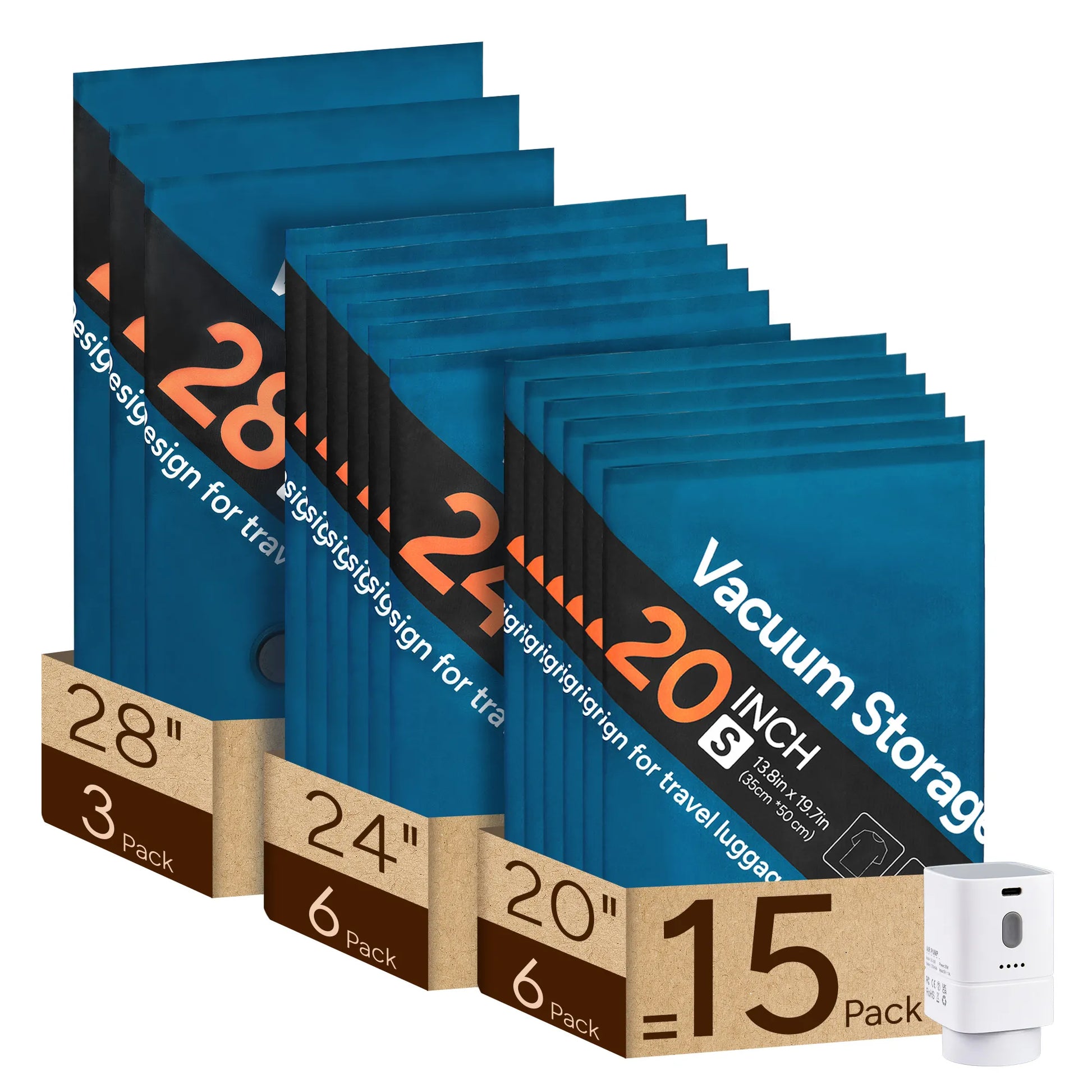 15-pack blue travel vacuum storage bags with 20, 24 and 28 inch sizes, electric pump and suitcase compression demo