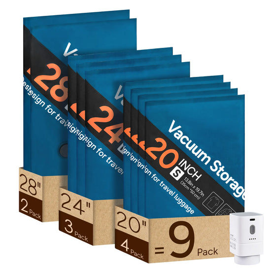 9-pack travel vacuum storage bag set with 20, 24 and 28 inch bags and a compact electric pump on white background