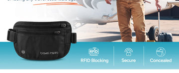 Plus‑size black Travel Inspira travel money belt highlighting RFID blocking, secure anti‑theft design and concealed wear function