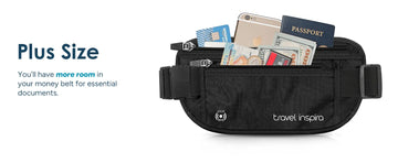 Spacious plus‑size Travel Inspira travel money belt holding passport, smartphone, cash and credit cards for international travel