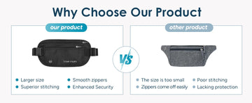 Comparison showing larger size, superior stitching and smooth zippers of plus‑size Travel Inspira money belt against regular waist packs