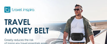 Man wearing plus‑size Travel Inspira RFID‑blocking travel money belt at airport to secure travel essentials