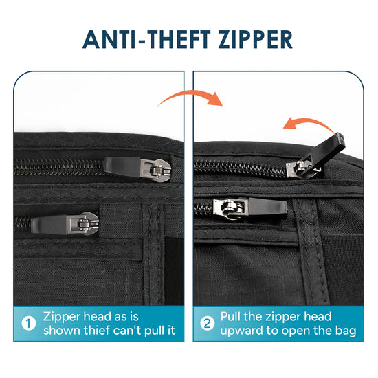 Step‑by‑step anti‑theft zipper lock demonstration for the extra‑large Travel Inspira RFID travel waist pack
