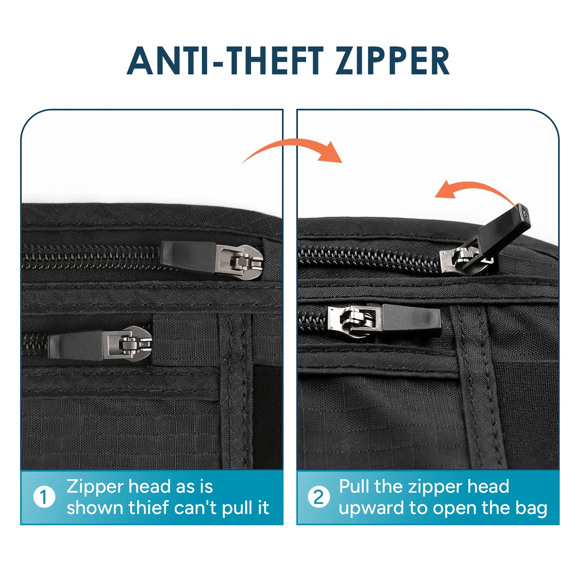 Step‑by‑step anti‑theft zipper lock demonstration for the extra‑large Travel Inspira RFID travel waist pack