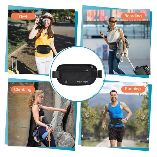 Extra‑large Travel Inspira RFID‑secured waist pack ideal for travel, airport boarding, climbing and long‑distance running activities