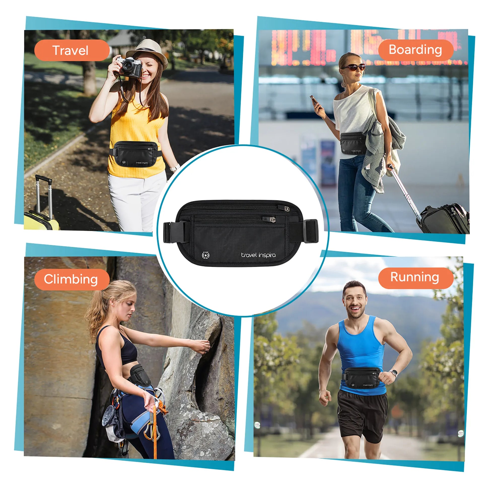 Extra‑large Travel Inspira RFID‑secured waist pack ideal for travel, airport boarding, climbing and long‑distance running activities