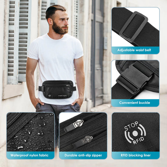 Man wearing plus‑size Travel Inspira black RFID waist pack, highlighting waterproof nylon, anti‑slip zippers and wide adjustable buckle