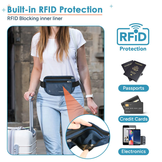Travel Inspira travel waist pack with built‑in RFID blocking liner protecting passports, credit cards and electronic devices