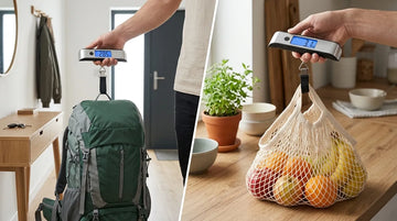 Travel Inspira silver portable digital hanging luggage scale dual usage scene, weighing travel backpack and grocery fruit net bag for both travel and daily household weighing