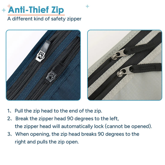 Step‑by‑step demonstration of anti‑theft safety zipper lock mechanism on Travel Inspira RFID travel waist pack