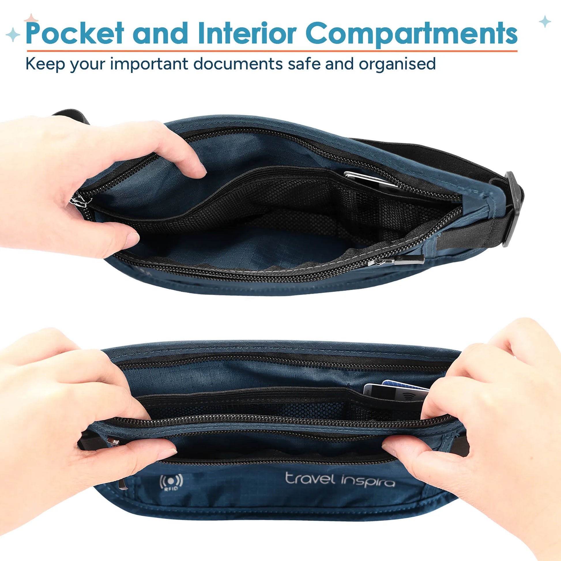 Hands opening zippered interior compartments of Travel Inspira RFID travel waist pack to organize travel documents and valuables