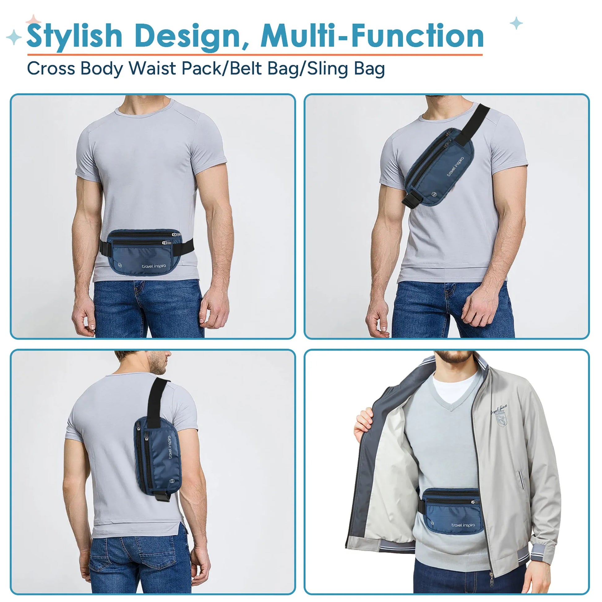 Multiple wearing styles of Travel Inspira travel waist pack as fanny pack, crossbody sling bag and belt bag for travel