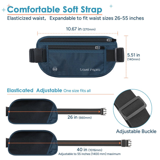 Size chart of Travel Inspira RFID travel waist pack with elastic adjustable strap fitting 26‑55 inch waist sizes